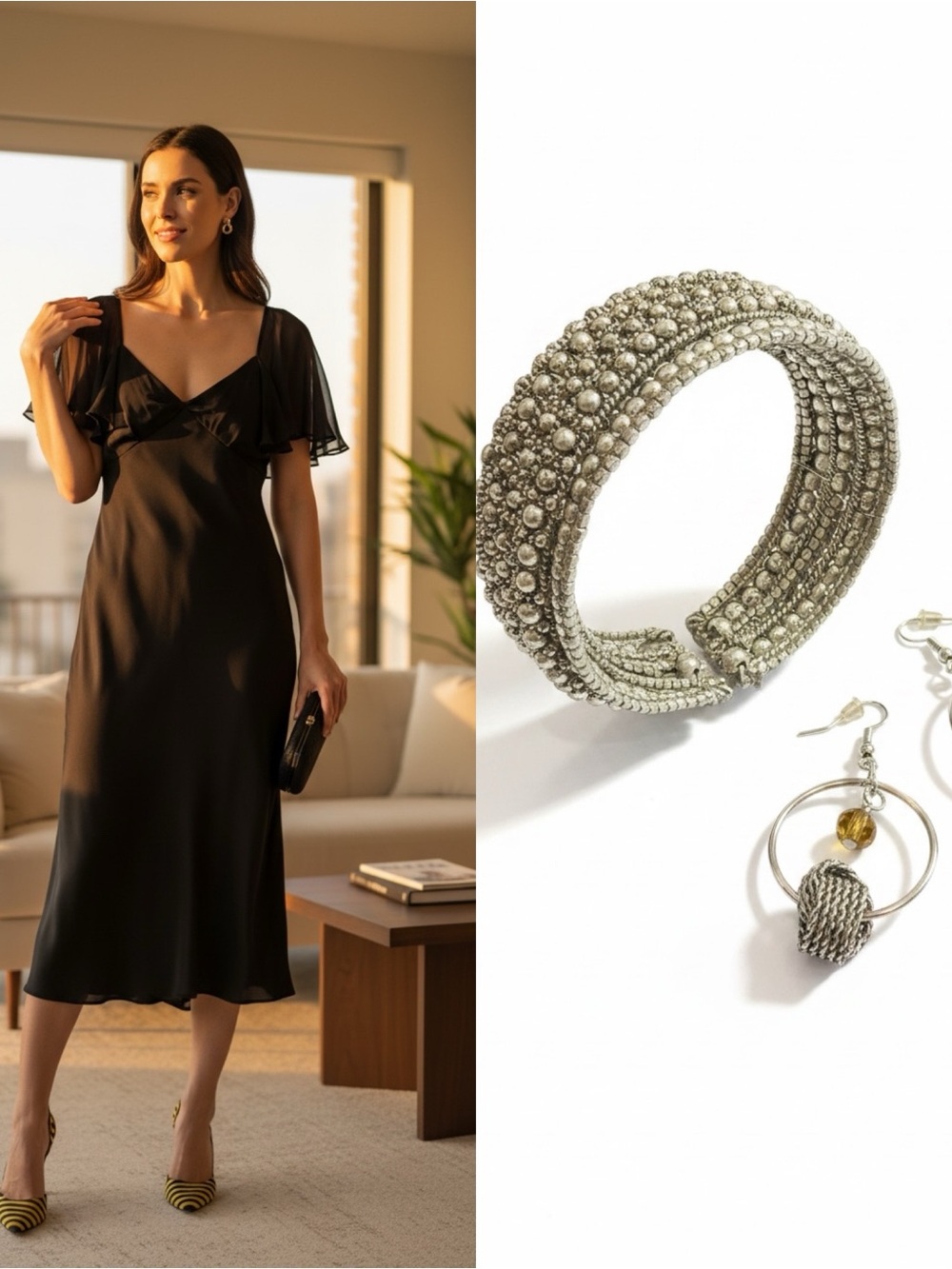NWT Jones New York Dress12 Black Silk Blend Midi Dress +Statement Jewelry Bundle